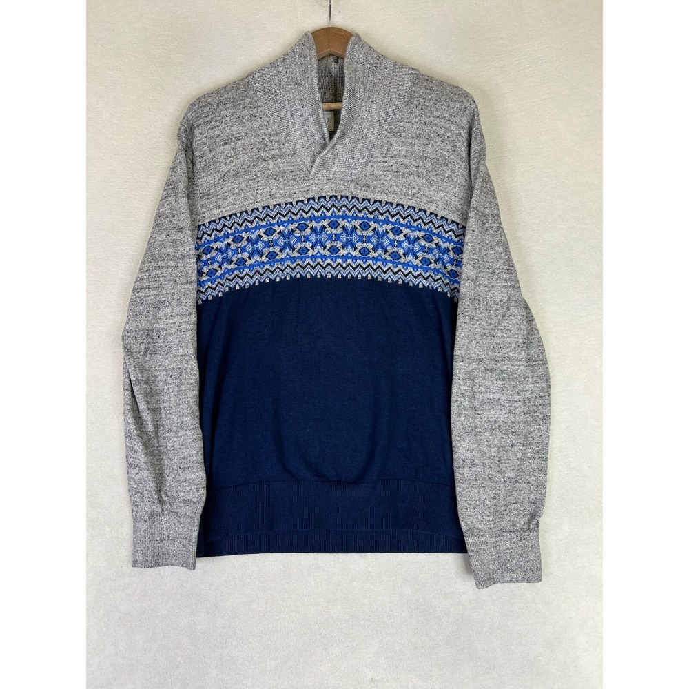 GAP Fair Isle Shawl Collar Sweater Men;s Large Gray Blue Pullover
